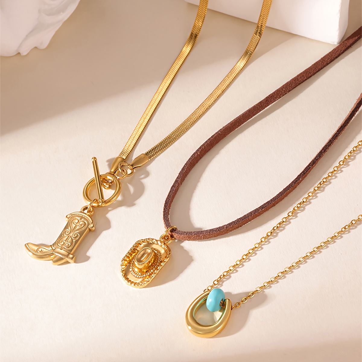 3pcs Set of 18K Plated Cowboy Hat and Boot Pendant Necklace